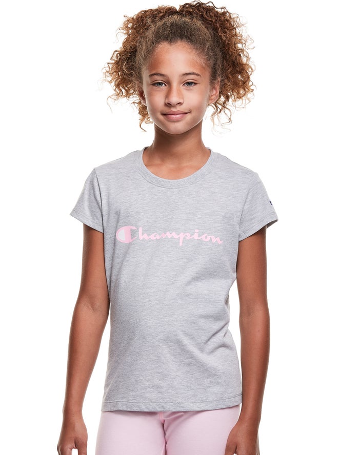 Champion Girls T-Shirt NZ - Classic Script Logo Grey ( 2593-MDUVS )